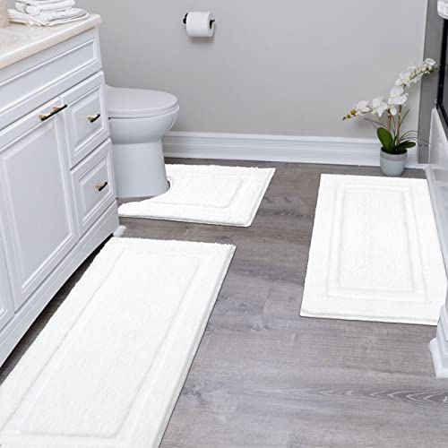 SHACOS White Bathroom Rugs Sets 3 Piece Bath Mat U Shaped Toilet Rug | 20x47+ 20x32+ 20x24, Soft Fluffy Microfiber Bath Rugs Set, Non Slip Washable Absorbent Bathroom Runner Floor Mats Shower Rug - color: White, size: 20"x32"+ 20"x47"+U Shape 20"x24"