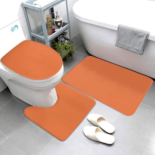 Bathroom Rugs Set 3 Piece Elegant Simple Rich Orange Bath Rug Mat Set, Non Slip Absorbent Bathroom Decor Mat, Toilet Lid Cover & U Shaped Contour Rug - color: Rich Orange, size: 1'8" x 2'6" (Rectangular)