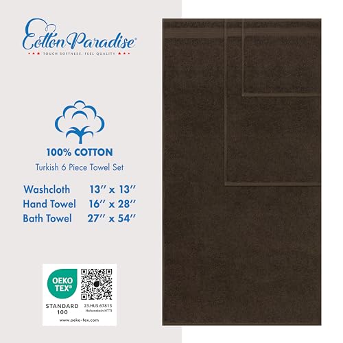 Cotton Paradise 100% Cotton Turkish Towel Set, Soft Absorbent Quick Dry, 6 Piece Towel Set, Chocolate Brown - color: Chocolate Brown, size: 6 PC SET (27x54" + 16x28" + 13x13")