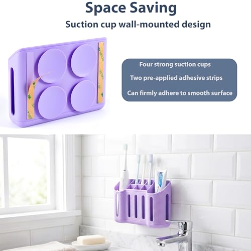 Wall-Mounted Silicone Toothbrush Holders for Bathrooms, Electric Toothbrush, Shaver and Toothpaste Holder, Multiple Slots, Suction Pad& Adhesive Tape, Bathroom Organizer, Bathroom Accessories (Purple)