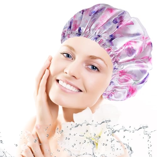 4 PCS Shower Cap for Women, Elastic and Reusable Bath Caps, Double Layers Shower Caps Reusable Waterproof, Bathing Shower Caps, Environmental Bath Hair Protection Cap - Butterfly C - color: Butterfly C
