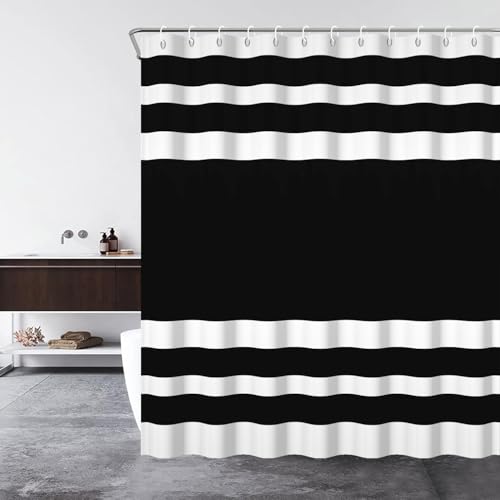 72x72inch Black and White Stripe Shower Curtain for Bathroom Horizontal Stripes Texture Design Casual Style Relaxing Spa Luxurious Modern Home Bathroom Bathtubs Curtain Decoration with Hooks - color: Black White, size: 72"W x 72"L (Pack of 1)