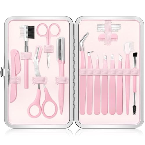 Eyebrow Kit, 17 in 1 Tweezers for Women Facial Hair, Hair Scissors with Comb, Eyebrow Trimmer, Brow Brushes, Hair Tools Travel Bag, Professional Grooming Tweezer Set - color: Pink