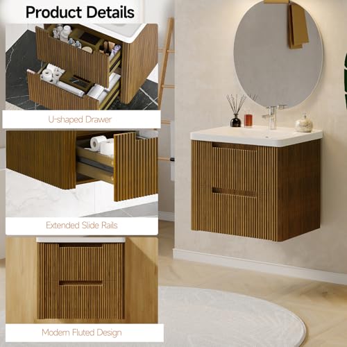 ONBRILL Modern Bathroom Vanity with Sink Combo, Curved Floating Bath Vanity with 2 Drawer, Wall Mount Bathroom Vanities with Integrated Ceramic Sink for Small Space, Apartment (Walnut, 24") - color: Walnut, size: 24"