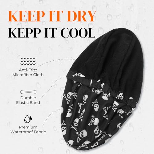Shower Cap for Men Skulls Bath Cap, Reversible Large Waterproof Adjustable Shower Caps Terry Lining & Elastic Band Stretch Hem Hair Hat - color: Skulls