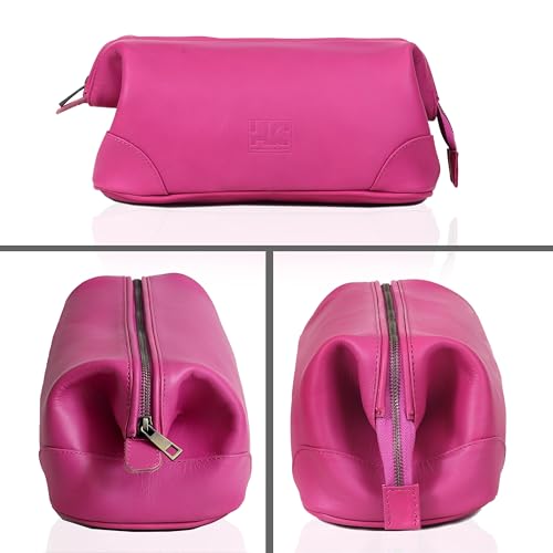 HLC Leather Toiletry Bag for Men Best Gift Premium Genuine Dopp Kit Shaving Kit Organizer Travel Kit Pouch Bag 10 inch Size (Pink) - color: Pink