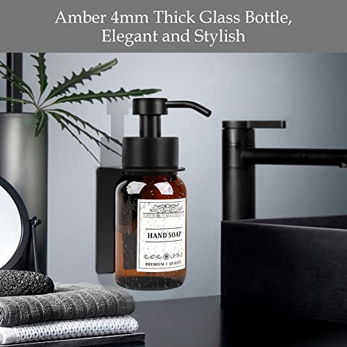 8.5oz Brown Glass Soap Dispenser 2 Pack for Kitchen Bathroom Black | Leakproof conditioner and hand soap pump set with waterproof DIY labels; rustproof holder saves countertop space. - color: Amber Set of 2