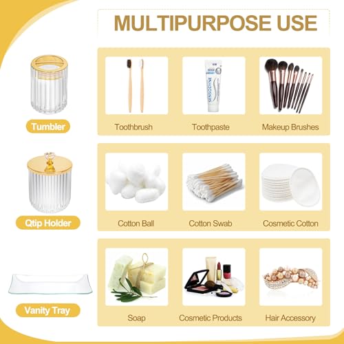 Gold Bathroom Accessories 4Pcs of Glass Bathroom Counter Organizer Set,Toothbrush Holders, Soap Dispenser, Apothecary Jar, Vanity Tray, Bathroom Decor Gifts