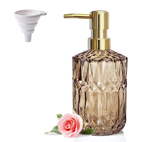 LaMarriti Brown Glass Soap Dispenser with Gold Rust Proof Pump, Refillable Thicken Glass Kitchen Soap Dispenser, Lotion Dispenser Bathroom for Dish Soap, Hands Soap, Body Wash, Bathroom Accessories - color: Brown