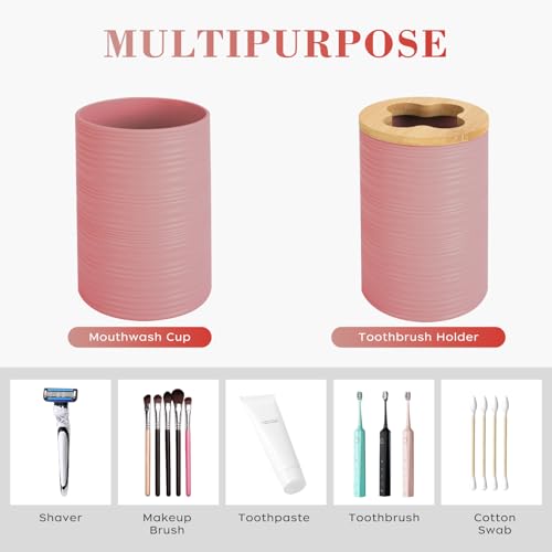 4 PCS Light Pink Bathroom Accessories Set, Includes a Soap Dispenser, Toothbrush Holder, Soap Dish and Mouthwash Cup, Plastics & Bamboo Bathroom Set, Bohemian Style Bathroom Sink Set - color: Light Pink, size: 4 PCS