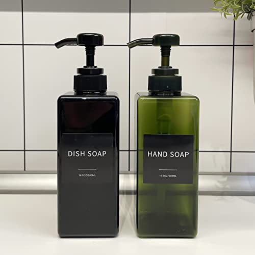 Green Soap Dispenser with Waterproof Labels, Thickened Plastic Hand Soap Dispenser for Bathroom, Kitchen Dish Washing Liquid Bottles, Shampoo and Conditioner Bottles with Funnel (16oz 2Pack Green) - color: 2 Green