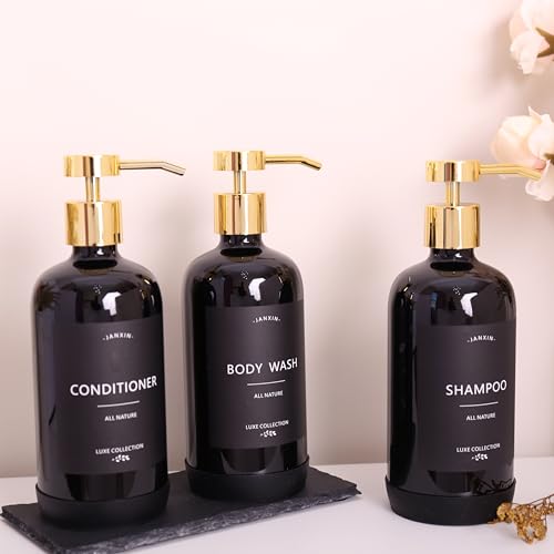 Shampoo and Conditioner Dispenser Set of 3,Refillable 21oz Shampoo Bottles with Non-Slip Protective Silicone Pad,Shower Soap Dispenser with Waterproof Labels for Bathroom (Black) - color: Black Bottles + Gold Pumps