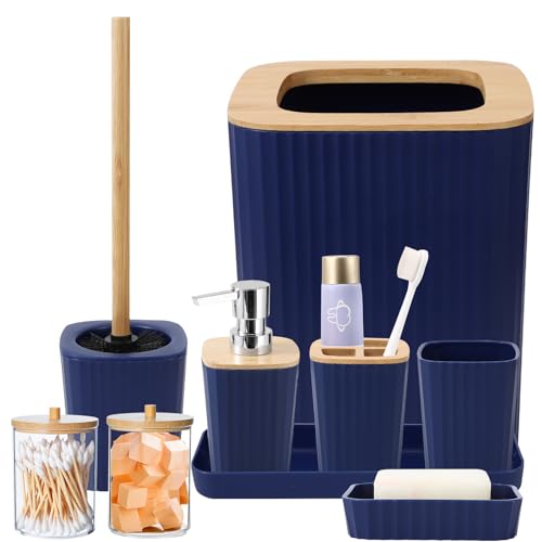 XLHOMO Blue Bathroom Set - Navy Blue Bathroom Accessories Set with with Trash Can,Toothbrush Holder,Toothbrush Cup,Soap Dispenser,Tray,Soap Dish,Toilet Brush,Qtip Holders for Bathroom Home Decor - color: Hollow Blue, size: Hollow Cover Bathroom Set
