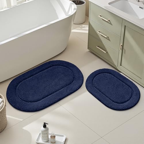 HOMEIDEAS Bathroom Rugs Sets 2 Piece, Soft Bathroom Mats and Absorbent Microfiber Machine Washable Bath Mats for Shower Room, Bathtub, Kitchen (20" x 32" + 16" x 24", Navy Blue) - color: Navy Blue