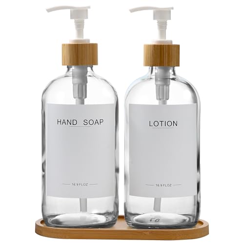 Clear Glass Soap Dispenser with Bamboo Pumps&Tray&Labels, Hand Dispenser, Lotion Dispenser, Dish Soap Dispenser for Kitchen Sink. (Clear) - color: Clear