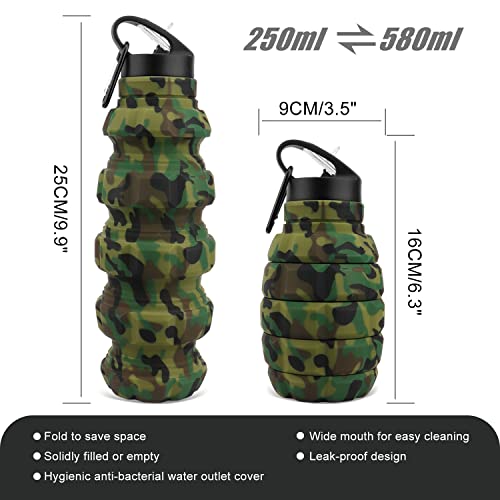QiCheng&LYS Collapsible Water Bottle Sports Bottle 19.5OZ/580ml Travel Water Bottle for Men Women Kids. BPA Free Food Grade Silicone. (Army green camouflage) - color: Army green camouflage