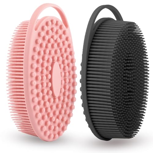 Silicone Body Scrubber 2 Pcs Silicone Loofah Exfoliating Body Scrubber for Men Women Soft Silicones Shower Scrubbers Double Sided Silicones Bath Bodys Brush for All Skin Lather Well, Black and Pink - size: black+pink