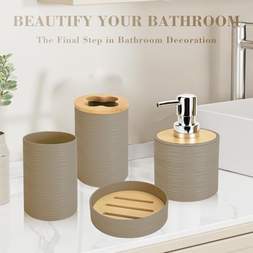 4 PCS Beige Bathroom Accessories Set, Includes a Soap Dispenser, Toothbrush Holder, Soap Dish and Mouthwash Cup, Plastics & Bamboo Bathroom Set, Bohemian Style Bathroom Sink Set - color: Beige, size: 4 PCS