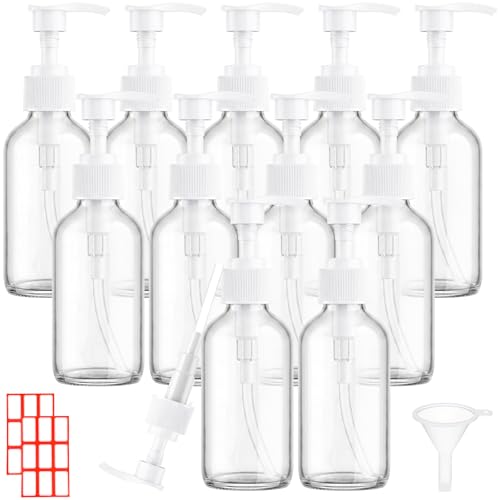Tanlade 12 Pcs Glass Pump Bottle Dispenser 4 oz Travel Bottles with Pump Refillable Glass Containers for Toiletries Lotion Liquid Soap Shampoo Essential Oils Cosmetic Travel Accessories(White) - color: White