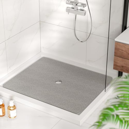 HITSLAM Square Shower Mat, 47 x 40 Inch Non Slip Bath Mat for Tub, Soft PVC Loofah Bathtub Mats with Drain Holes, Quick Drying Bathroom Stall Floor Mat, Bathroom Accessories Without Suction Cup, Grey - color: Grey, size: 47" x 40" (Rectangular)