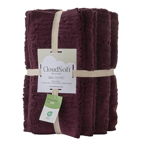 SKL Home CloudSoft 100% Cotton Luxury 6-Piece Towel Set, 600 GSM, Ultra Plush & Absorbent - 2 Bath Towels, 2 Hand Towels, 2 Washcloths, Bordeaux - color: Bordeaux, style: 6-Piece Towel Set