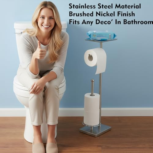 Toilet Paper Holder with Shelf, Toilet Paper Stand with Storage for Holding Extra 3 Rolls, Freestanding Toilet Paper Holder for Bathroom (Brushed Nickel with Metal Base) - color: Brushed Nickel With Metal Base