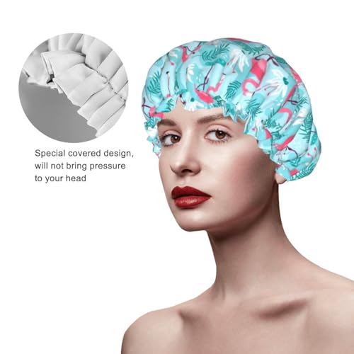 Pink Flamingos Shower Cap For Women Reusable Waterproof Double Layers Bath Cap Hair Protection Elastic Ladies Spa Salon Shower Hat - color: Pink Flamingos