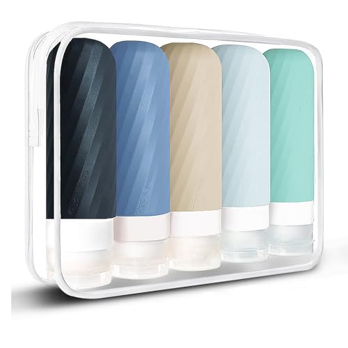 Laxen 5 Pack Travel Bottles for Toiletries, 3 oz TSA Approved Silicone Travel Bottles Set with Labels and Clear Toiletry Bag, Leakproof Refillable Squeeze Bottles for Shampoo Conditioner, Black - color: Black