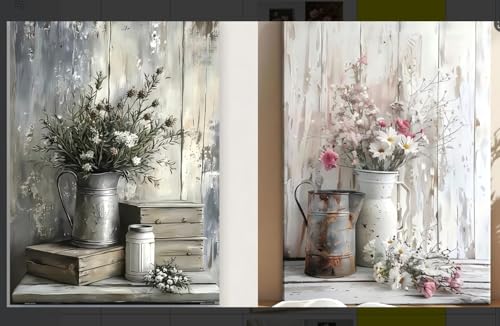 2Pcs Framed Rustic Farmhouse Bathroom Wall Art Vintage Country Floral Still Life Wall Decor pink White Daisy Canvas Painting Shabby Chic Flower Poster Print for Living Room Bedroom Kitchen 12x16n - color: Farmhouse Vase, size: 12x16 inches