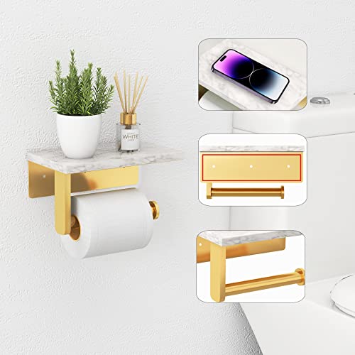 Brushed Gold Toilet Paper Holder with Natural Marble Shelf, 304 Stainless Steel Screw Wall Mounted, Tissue Roll Paper Holder Dispenser for Bathroom Washroom - color: Gold