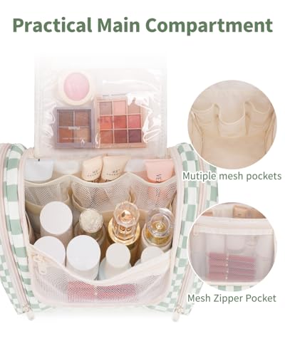 Narwey Hanging Toiletry Bag for Women Travel Makeup Bag Organizer Toiletries Bag for Cosmetics Essentials Accessories - color: ZA-Mint Green Checkerboard