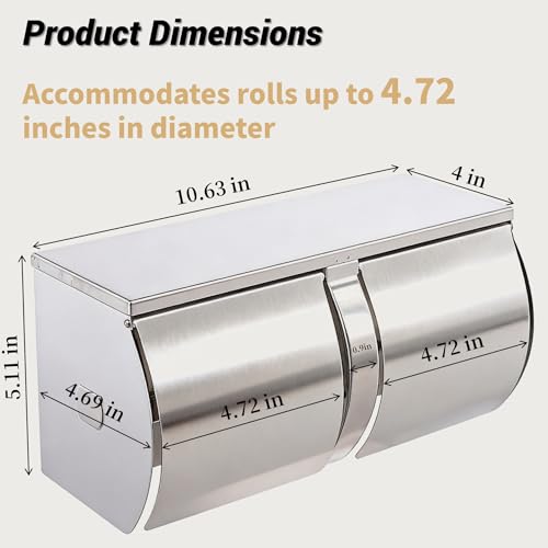 Double Roll Toilet Paper Holder Commercial Toilet Paper Dispenser | Brushed Stainless Steel, Side-By-Side 2-Roll Holder with Shelf Wall Mount, Fits Standard Toilet Rolls Up to 4.72 in Diameter