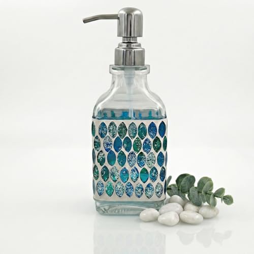 BOPPIE Handcrafted Mosaic Glass Soap Dispenser, Modern Countertop Hand & Dish Soap Dispenser for Bathroom/Kitchen, Refillable Liquid Soap Bottle with Stainless Steel Rust Proof Pump (Mosaic Blue) - color: Mosaic Blue