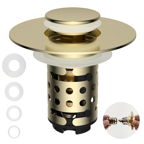 Universal Bathroom Sink Drain Stopper Hair Catcher, Brushed Gold | Upgraded with 2-Layer Detachable Filter Basket, 4 in 1 Pop Up Drain Strainer, Anti-Clog, Fit for 1.1''~2.36'' Sinks - color: Brushed Gold Finish
