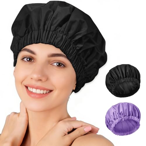 Reusable Shower Cap for Women – Large Waterproof Satin Shower Bonnet for Long, Curly & Braided Hair, Washable Bath Hair Cover, Black + Purple - color: Black + Purple