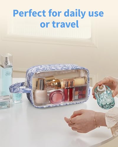 Narwey Clear Toiletry Bags for Traveling Women Men, Clear Travel Bags for Toiletries Makeup Bag Cosmetic Bag with Zipper, Make Up Organizer, Skincare Bag (Blue Leaf) - color: Blue Leaf