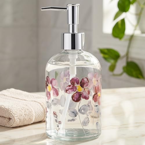 Topadorn 17oz Glass Soap Dispenser with Pump, Refillable Hand Soap Dispenser for Bathroom & Kitchen, Watercolor Floral Decorative Soap Bottle, Farmhouse Countertop Decor - color: Purple Flower