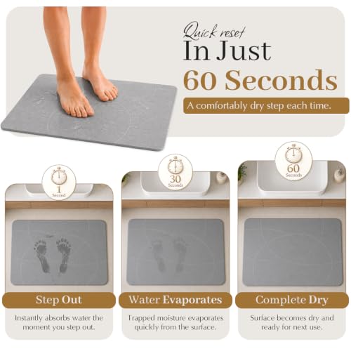 Super Absorbent Stone Bath Mat 24x16, Diatomaceous Earth Bath Mat with Non Slip Grip, Water Absorbing Stone Surface for Shower, Tub, Sink & Vanity, Gray