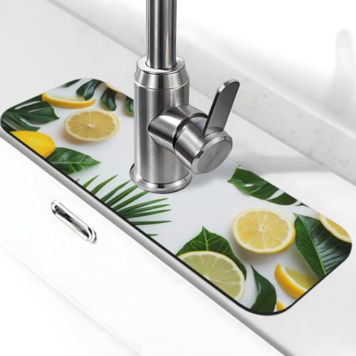Kitchen Sink Splash Guard Faucet Mat, Lemon Tropical Leaves Diatom Mud Absorbent Draining Mat For Kitchen Sink Bathroom - color: Lemon Tropical Leaves, size: One Size