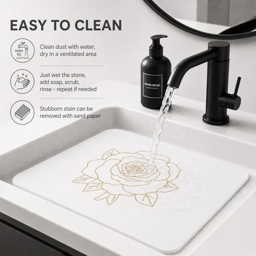 Stone Dish Drying Mat for Kitchen Counter, Glittery Resin Rose Pattern Quick Drying Mat, Water Absorbing Diatomaceous Pad for Plate Bottle Utensil Rack,Space Saving (Gold & White, 16"×12")