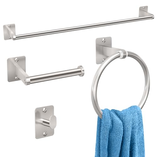 KLJKPA Brushed Nickel Bathroom Accessories Set, 4 PCS Bathroom Hardware Set | 24 inch Towel Bar, Towel Racks for Bathroom, Robe Towel Hooks, Toilet Paper Holder Wall Mounted - color: Brushed Nickel (4 Piece), size: 24 inch