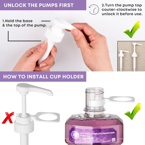 Dispenser Pumps for Listerine 1 or 1.5 Liter Mouthwash Bottles with Cup Holders, Resuable Cups and Clear Plastic Paper Cup Dispenser - Fits Total Care, Original, Zero Alcohol, Cool Mint, etc