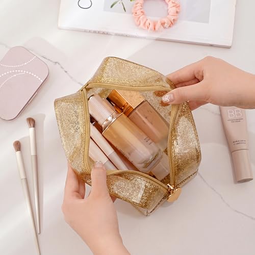 RSRSLEII Stardust Twinkle Jelly Travel Makeup & Toiletry Bag, Waterproof PVC Cosmetic Bag/Case for Women，Zipper SPF Beach Bag for Sunscreen Skincare and Daily Essentials (10Gold) - color: 10Gold