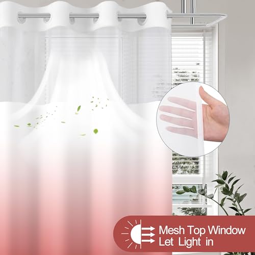 Christmas No Hook Shower Curtain with Snap in Liner, Ombre Red Shower Curtains and Liner Set, Hotel Fabric Bath Curtain for Bathroom, Mesh Top Window Waterproof Washable, 71" x 74" - color: Ombre Red, size: 71"W x 74"L (Pack of 1)
