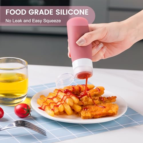 MICEBAY Condiment Squeeze Bottles for Sauces, 3-oz Mini Silicone Salad Dressing Container to Go with Snack Storage Bag, Leakproof Sauce Bottles for Lunch Box, 4 Pack, Pink - color: Pink, size: 3 OZ