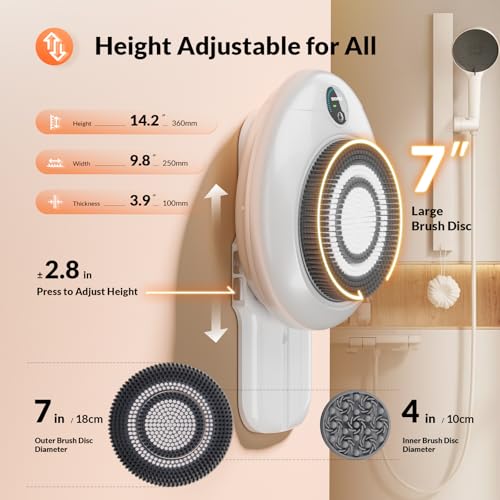 Electric Back Scrubber for Shower, 7'' Large Back Scrubber for Shower Wall, 3 Speed Adjustment Exfoliating Brush for Back Cleansing, Exfoliating - color: White