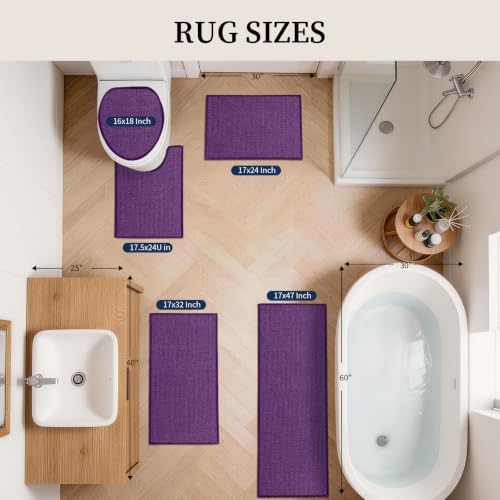 YIHOUSE Purple Bathroom Rugs Sets 5 Piece, Quick Dry Thin Bath Mat with Toilet Rug - Non Slip Absorbent Machine Washable - Bath Runner Rugs for Bathtub Sink Home Decor - color: Purple, size: 5 pieces