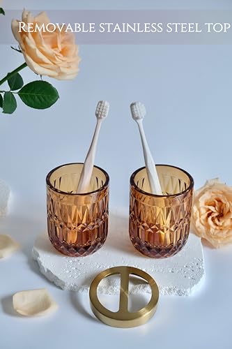 LaMarriti Amber Bathroom Accessories Set, 5Pcs Clear Glass Bathroom Sets, Hand Soap Dispenser, Soap Dish, Toothbrush Holder Set, Qtips Holder for Crystal Vintage Bath Decor, Set - style: Amber Brown