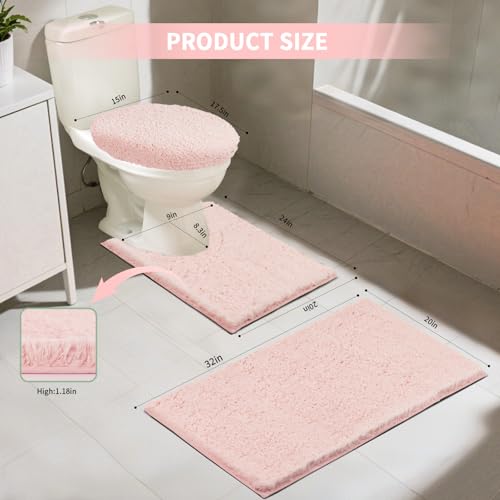 Bathroom Rugs Sets 3 Piece with Adjustable Toilet Seat Cover 17.5"x 15" Machine Washable Bath Rug Set with TPR Non Slip Rubber Backing Solid Bath Mat Set for Luxury Bathroom Decoration - color: Light Pink