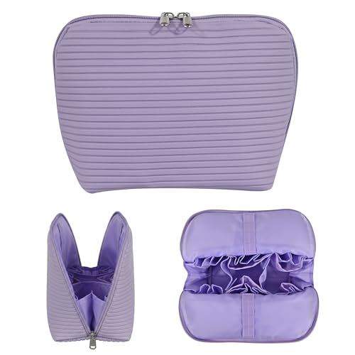 Travel Makeup Bag for Women, Waterproof Stand Up Cosmetic Bag with Brush Holders, Organizer Bag with Compartments, Fold-Down Design for Skincare, Toiletries & Essentials (Purple, Medium) - color: Purple, size: Medium